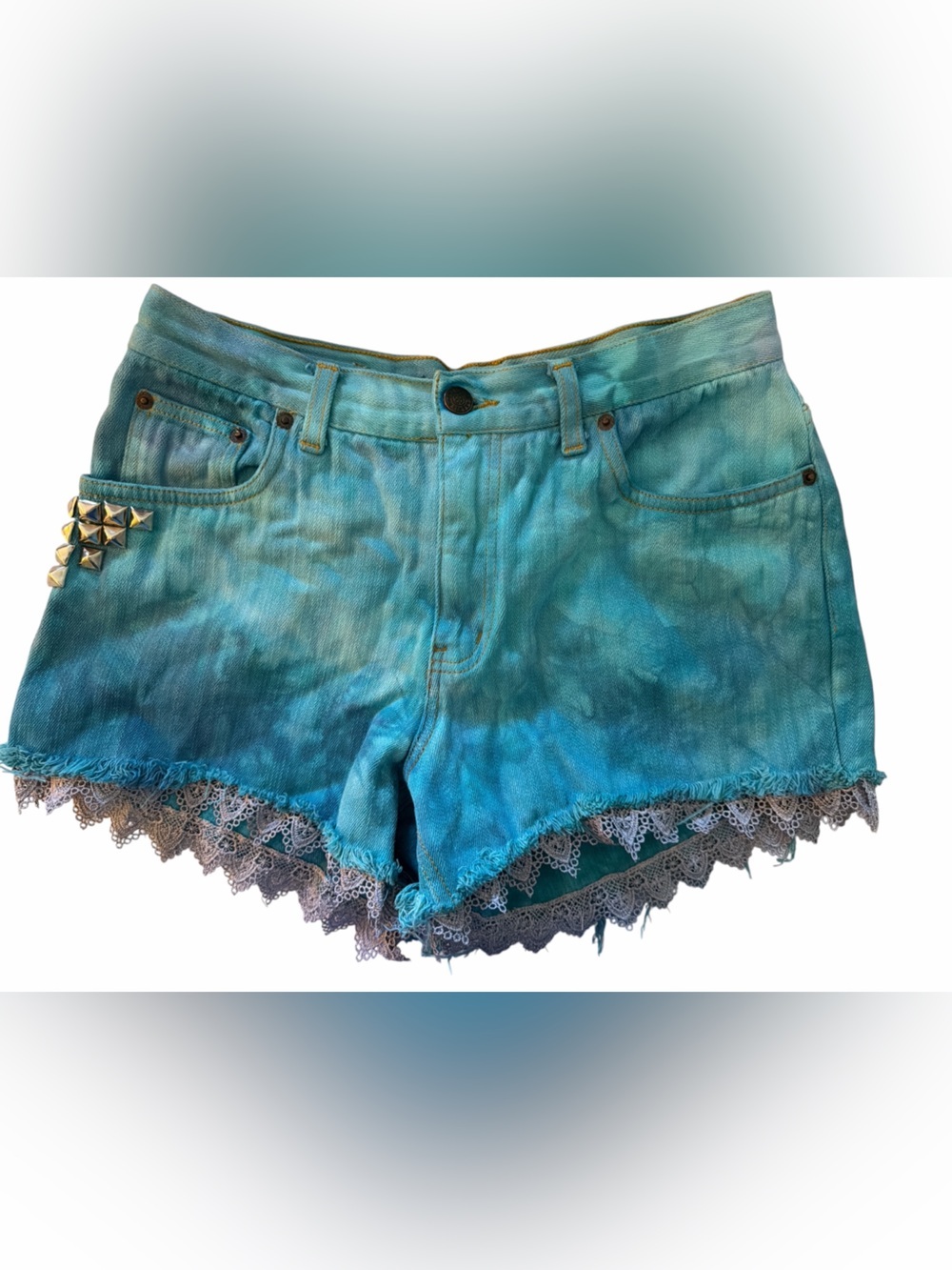 Vintage Bill Blass Turquoise Tie-Dye Lace Trim  Studded Women’s Shorts
